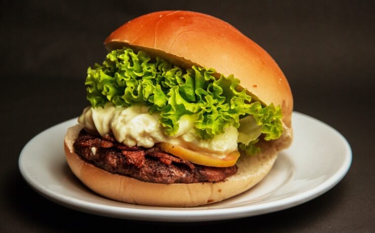 Hamburger con lattuga e formaggio su un hamburger piatto bianco