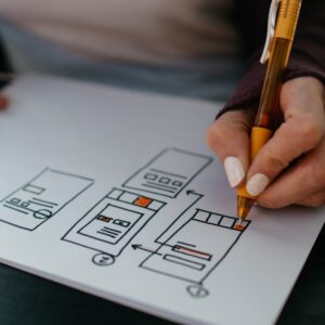 caneta amarela escrevendo em uma folha de papel onde há um projeto