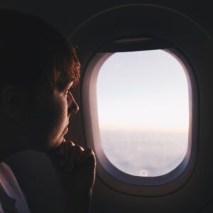 avião, janela, homem, menino, olha