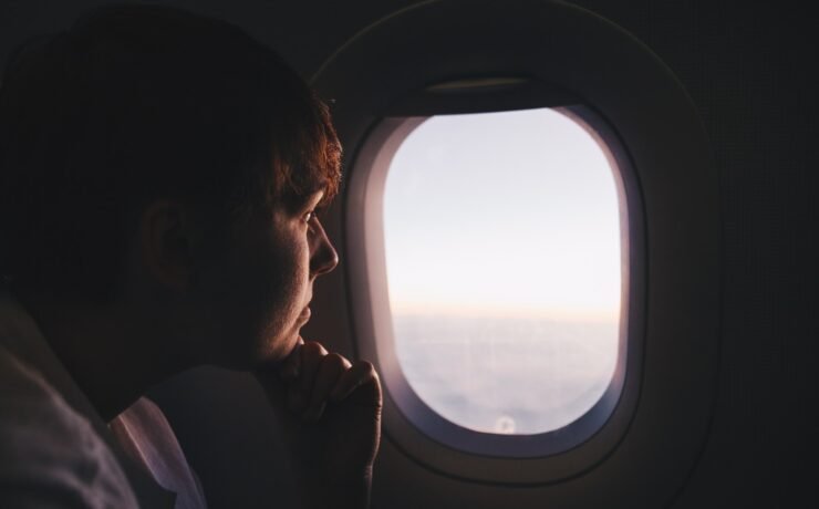 plane, window, man, boy, look