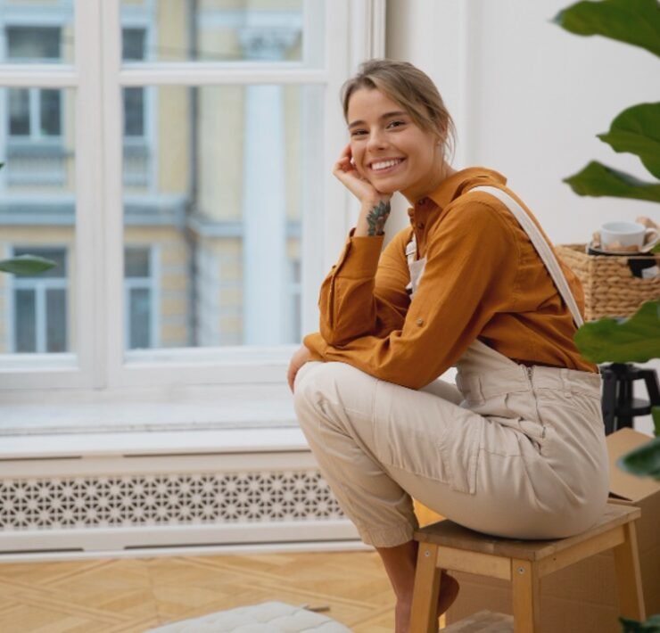 mulher na sala de estar sorrindo