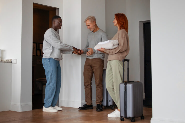 friends arriving at a guesthouse