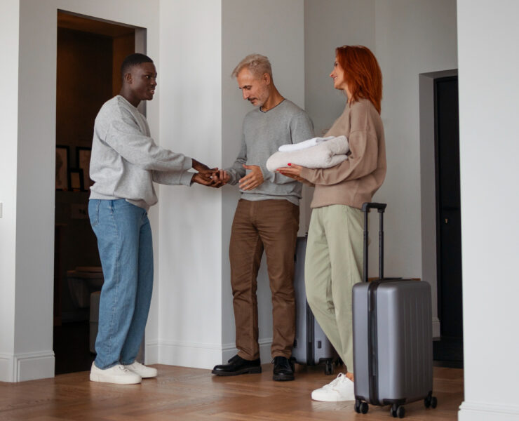 friends arriving at a guesthouse