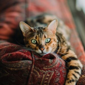 gato tigrado deitado em um sofa vermelho olhando diretamente para as lentes