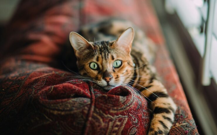 gato tigrado deitado em um sofa vermelho olhando diretamente para as lentes