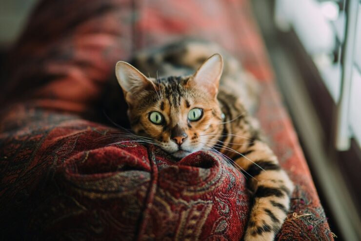 gato tigrado deitado em um sofa vermelho olhando diretamente para as lentes