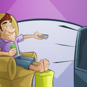 ilustração de um homem sentado no sofá vendo TV