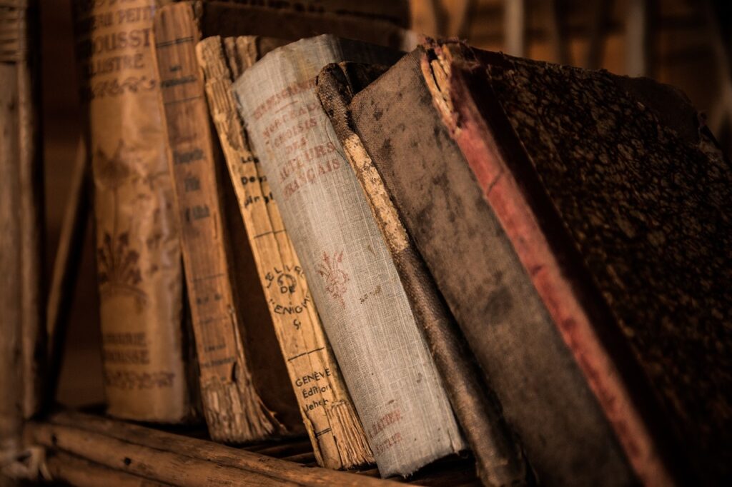 livros muito antigos enfileirados em uma prateleira