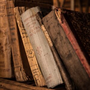 livros muito antigos enfileirados em uma prateleira